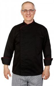 Куртка шеф-повара премиум черная рукав длинный с манжетом (отделка бордовый кант) [00012]